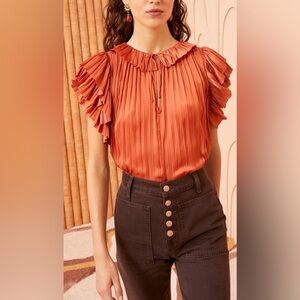 ULLA JOHNSON Elli Top Satin Blouse Shirt Orange Size 2 As Seen On TV Pleated Tie